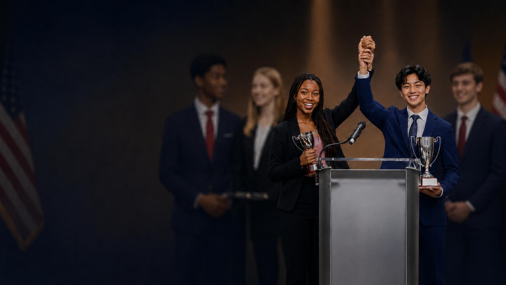 Confident student debate champions celebrating with trophies